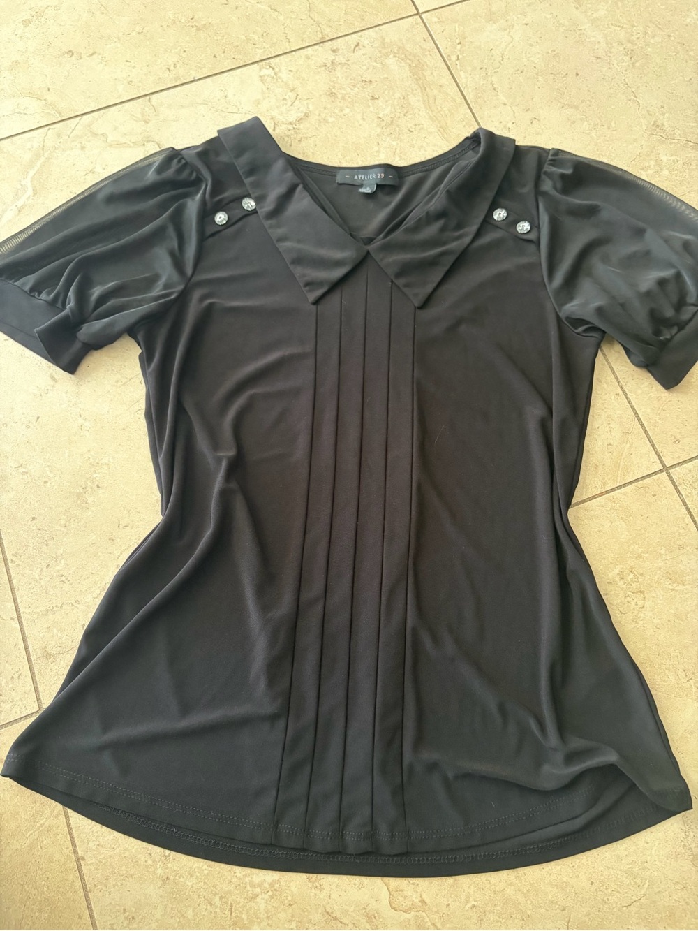 A.T. Concepts Black Pleated Short-Sleeve Button-Shoulder Blouse